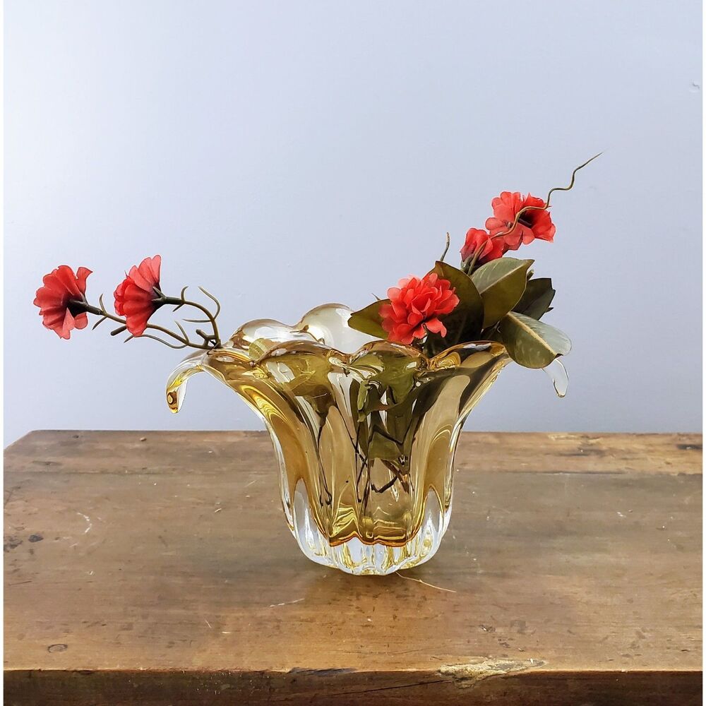 Mid Century Murano for Teleflora Art Glass Citrine Waterfall Floral Vase